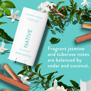 Native deodorant with text saying "Fragrant jasmine and tuberose notes are balanced by cedar and coconut", styled with jasmine leaves