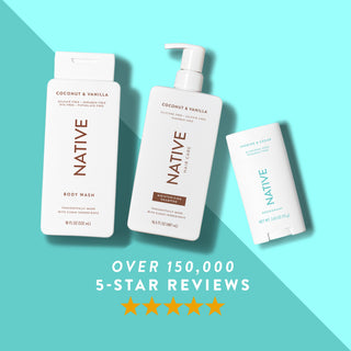 Native body wash, shampoo, and deodorant in Jasmine & Cedar scent shown with five-star rating