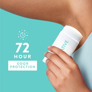 Person applying Native deodorant under arm with text reading 72-hour odor protection
