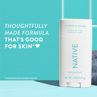 Upright Native deodorant with Jasmine & Cedar label and overlay promoting skin-friendly formula