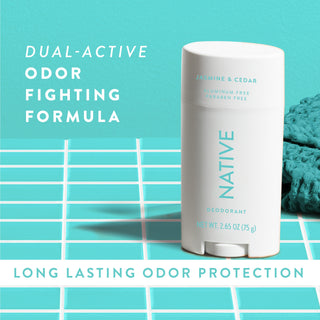 Native Jasmine & Cedar Deodorant sitting on counter with text promoting "Dual-active, odor fighting formula"