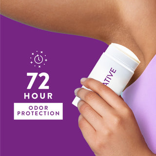 Person applying Native deodorant under arm with text reading 72-hour odor protection