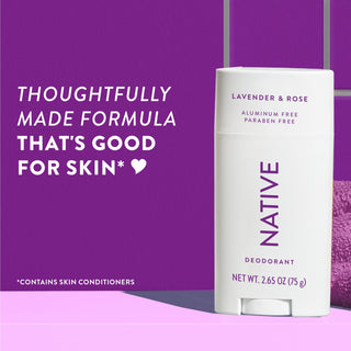 Upright Native deodorant with Lavender & Rose label and overlay promoting skin-friendly formula