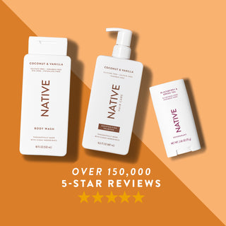 Native body wash, shampoo, and deodorant in Mango & Orange Blossom scent shown with five-star rating