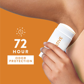 Person applying Native deodorant under arm with text reading 72-hour odor protection