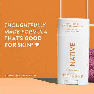 Upright Native deodorant with Mango & Orange Blossom label and overlay promoting skin-friendly formula