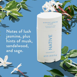 Native deodorant with text saying "Notes of lush jasmine, plus, hints of musk, sandalwood, and sage", styled with Jasmine flowers and sandalwood leaves