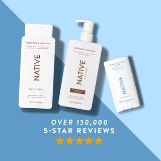 Native body wash, shampoo, and deodorant in Midnight Jasmine & Sage scent shown with five-star rating