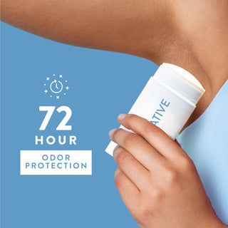 Person applying Native deodorant under arm with text reading 72-hour odor protection