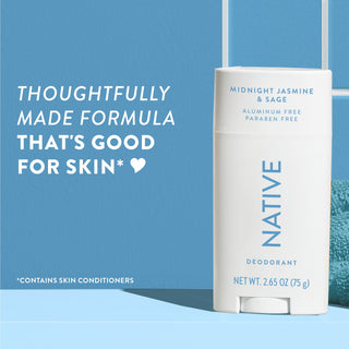 Upright Native deodorant with Midnight Jasmine & Sage label and overlay promoting skin-friendly formula