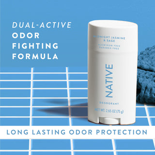 Native Midnight Jasmine & Sage Deodorant sitting on counter with text promoting "Dual-active, odor fighting formula"