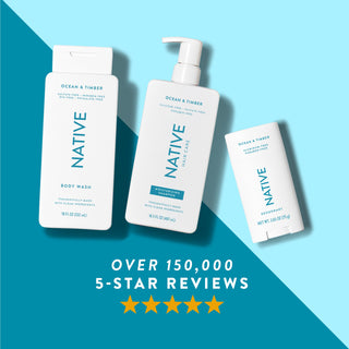 Native body wash, shampoo, and deodorant in Ocean & Timber scent shown with five-star rating