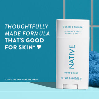 Upright Native deodorant with Ocean & Timber label and overlay promoting skin-friendly formula