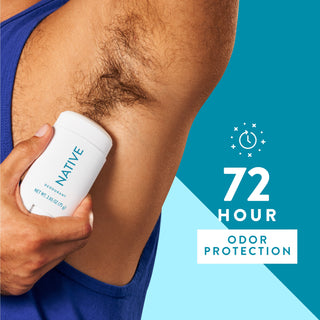 Person applying Native deodorant under arm with text reading 72-hour odor protection
