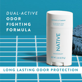 Native Ocean & Timber Deodorant sitting on counter with text promoting "Dual-active, odor fighting formula"