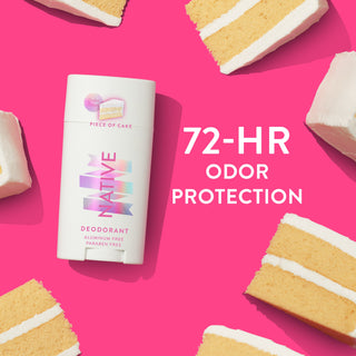 Native Piece of Cake deodorant with text reading 72-hour odor protection			
