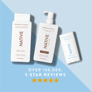 Native body wash, shampoo, and deodorant in Powder & Cotton scent shown with five-star rating