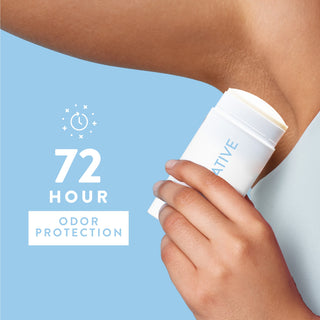 Person applying Native deodorant under arm with text reading 72-hour odor protection