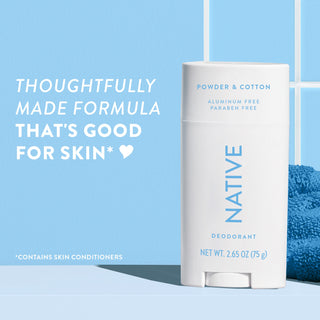 Upright Native deodorant with Powder & Cotton label and overlay promoting skin-friendly formula
