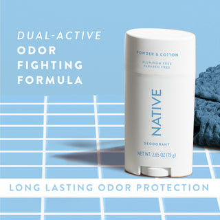 Native Powder & Cotton Deodorant sitting on counter with text promoting "Dual-active, odor fighting formula"