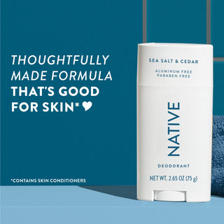 Upright Native deodorant with Sea Salt & Cedar label and overlay promoting skin-friendly formula