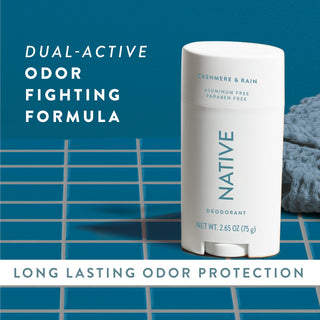Native Sea Salt & Cedar Deodorant sitting on counter with text promoting "Dual-active, odor fighting formula"