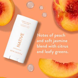 Native deodorant with text saying "Notes of peach and soft jasmine blend with citrus and leafy greens", styled with peach slices