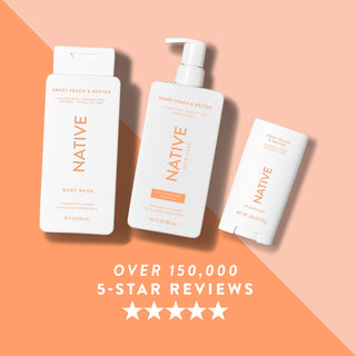 Native body wash, shampoo, and deodorant in Sweet Peach & Nectar scent shown with five-star rating