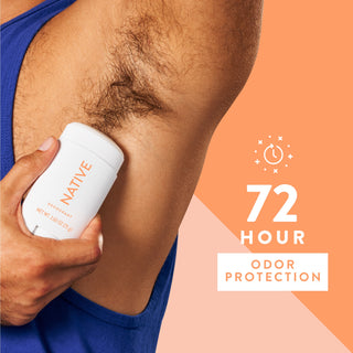 Person applying Native deodorant under arm with text reading 72-hour odor protection