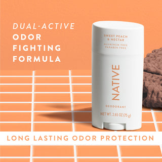 Native Sweet Peach & Nectar Deodorant sitting on counter with text promoting "Dual-active, odor fighting formula"