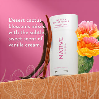 Native deodorant with text saying "Desert cactus blossoms mixed with the subtle, sweet scent of vanilla cream", styled with cactus flower