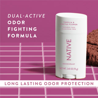 Native Vanilla & Cactus Flower Deodorant sitting on counter with text promoting "Dual-active, odor fighting formula"