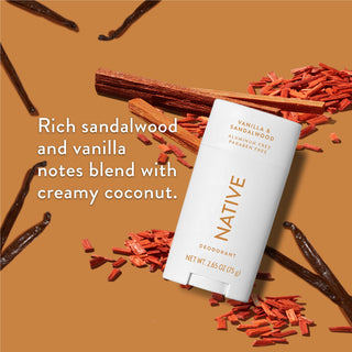 Native deodorant with text saying "Rich sandalwood and vanilla notes blend with creamy coconut", styled with vanilla and sandalwood sticks