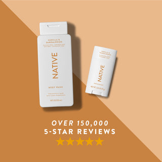 Native body wash, and deodorant in Vanilla & Sandalwood scent shown with five-star rating