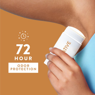 Person applying Native deodorant under arm with text reading 72-hour odor protection