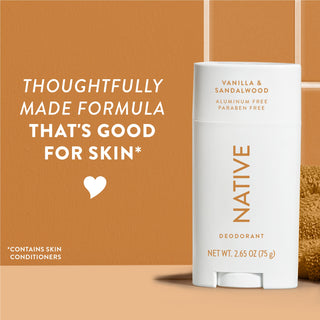 Upright Native deodorant with Vanilla & Sandalwood label and overlay promoting skin-friendly formula