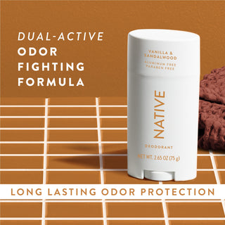 Native Vanilla & Sandalwood Deodorant sitting on counter with text promoting "Dual-active, odor fighting formula"