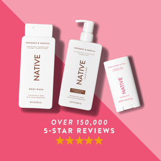 Native body wash, shampoo, and deodorant in Wild Cherry & Yuzu scent shown with five-star rating