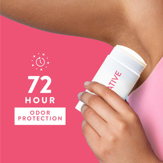 Person applying Native deodorant under arm with text reading 72-hour odor protection