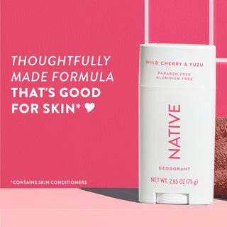 Upright Native deodorant with Wild Cherry & Yuzu label and overlay promoting skin-friendly formula