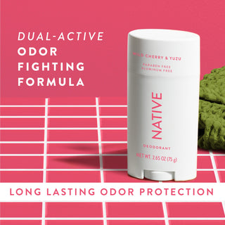 Native Wild Cherry & Yuzu Deodorant sitting on counter with text promoting "Dual-active, odor fighting formula"