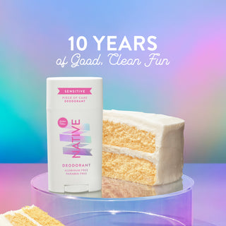 Native sensitive  deodorant with text saying "10 years of good, clean fun", styled with a piece of cake