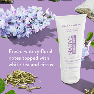 Native Whole Body Deodorant with lilac bouquets on lilac background