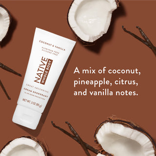 Flat-lay of Native Whole Body Deodorant Cream with coconut slices and vanilla pods on beige background
