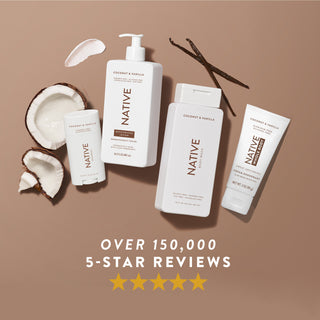 Native Coconut & Vanilla product lineup surrounded by coconut slices and vanilla pods, featuring 5-star review graphic