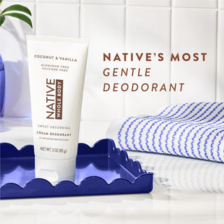Native Coconut & Vanilla Whole Body Cream deodorant on with Native's most gentle deodorant text