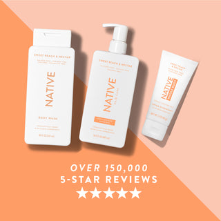Native Sweet Peach & Nectar product lineup, featuring 5-star review graphic