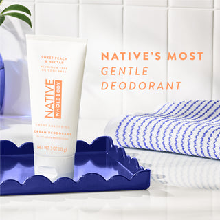 Native Sweet Peach & Nectar Whole Body cream deodorant with text reading  "Native's most gentle deodorant"