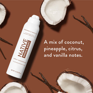 Flat-lay of Native Whole Body Deodorant with sliced coconuts and vanilla pods on beige background