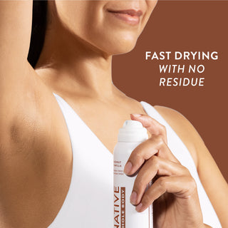 Woman spraying Native Coconut & Vanilla Whole Body Deodorant under arm, wearing a white tank top